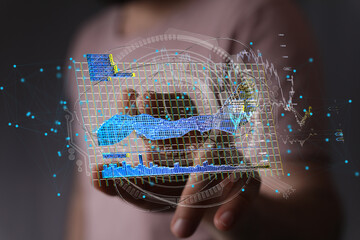 Poster - Stock photo of a person interacting with a holographic display showing various data charts and graphs. Perfect for illustrating business analytics, data sc