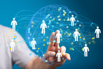 Poster - Image of a hand interacting with a digital network of people, representing global connections and communication.