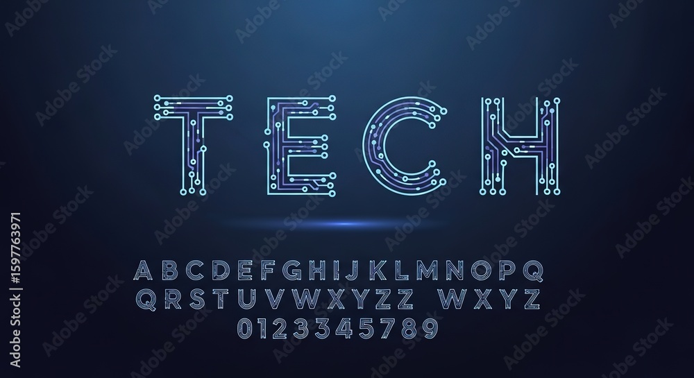 Cursive Tech Futuristic circuit board font design with the word tech and full ...
