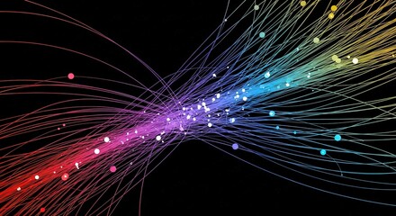 Poster - Vibrant rainbow fiber optic strands flowing and illuminating against a dark background