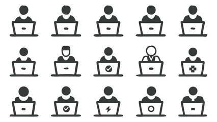 Fototapete - Collection of People Working on Laptops Represented as Glyph Icons for User Interface Design or Web Development