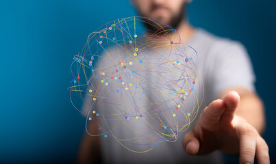Poster - Abstract image of a man interacting with a digital network, representing global connectivity and data flow.