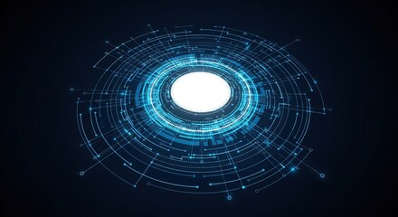 Fototapete - Abstract glowing blue circular portal with intricate futuristic technological patterns and bright white center