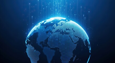 Fototapete - Futuristic blue digital globe emitting streams of data and light against a dark background