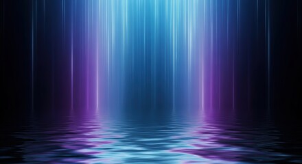 Fototapete - Abstract vertical blue and purple neon light streaks reflecting on a dark water surface
