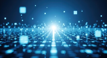 Fototapete - Illuminated digital grid with glowing blue particles and a bright light source in the center
