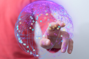Poster - Abstract image of a hand interacting with a digital global network.  Perfect for technology, connectivity, and global concepts.