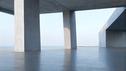 Poster - 3D Render of Futuristic Abstract White Architecture with Wavy Walls and Concrete Floor – Minimal Car Presentation Background