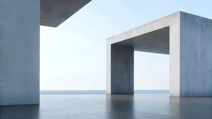 Poster - 3D Render of Futuristic Abstract White Architecture with Wavy Walls and Concrete Floor – Minimal Car Presentation Background