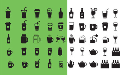 Poster - Various drinks and containers icons on green and white backgrounds