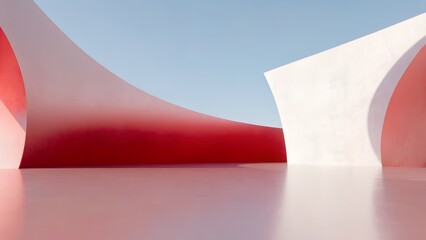 Poster - 3D Render of Red Curved Futuristic Architecture with Concrete Floor