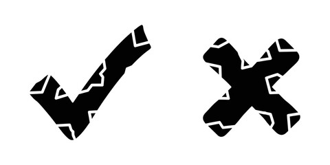 Poster - Grunge check and cross mark vector icon set with cracked rock texture for decision making symbol approval rejection confirmation element design