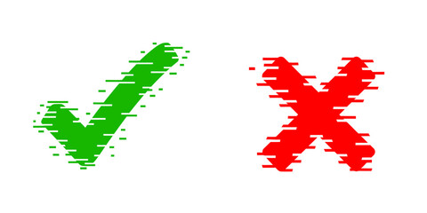 Poster - Green check and red cross mark with halftone pixel disintegration effect for choice symbol design validation rejection approval decision vector set