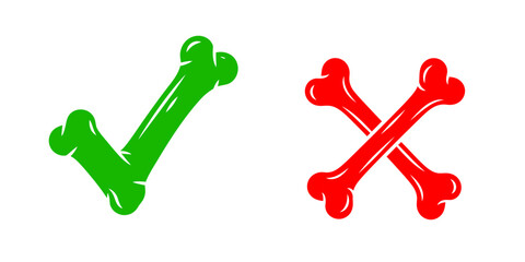 Poster - Funny green check mark and red cross symbol made from cartoon bone for game ui element accept reject choice option vector graphic design icon set