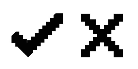 Poster - Pixel art check and cross mark vector icon set for 8 bit retro video game style design element yes no decision symbol for ui ux interface graphic