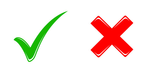 Poster - Green check and red cross mark with glossy 3d effect for modern web button icon choice option approval rejection symbol vector graphic set