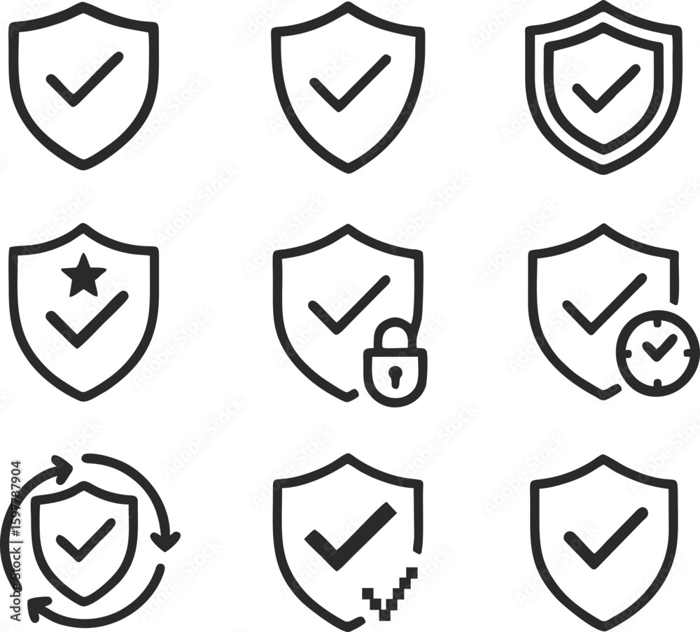 Set of vector icons of a shield with security elements: check mark ...