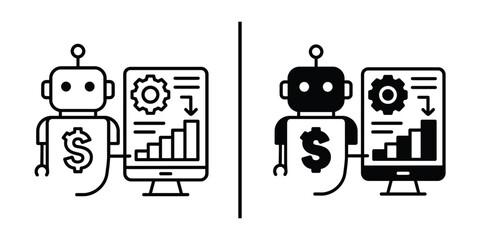 Fototapete - AI-Powered Financial Analysis: Two detailed illustrations display a robot figure, paired with a smart display. The screen shows a chart representing financial growth.