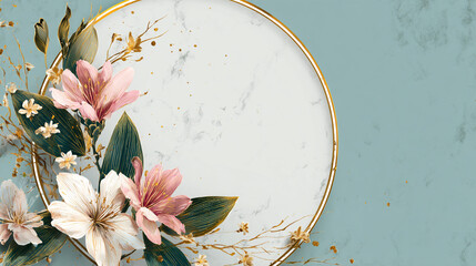 Poster - Floral arrangement with pink and white flowers around a golden circle on a light blue background