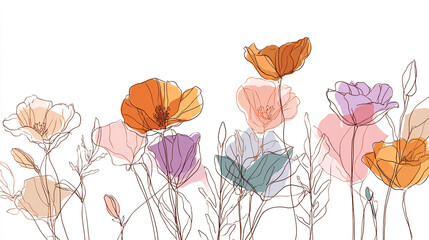 Poster - Watercolor floral illustration with delicate line art featuring various colored flower blossoms