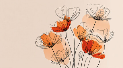 Poster - Illustration of orange and white poppy flowers with black outlines against a light peach background