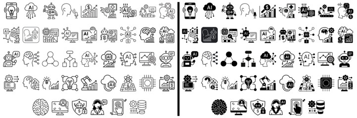Poster - Digital World Icons: A collection of digital icons representing a complex network of interconnected elements and data visualization for business and technology. 