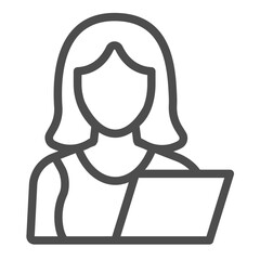 Poster - Woman and test sheet paper line icon, family therapy concept. Vector graphics. Young woman and notebook, profile sign on white background, outline style icon for mobile or web design.