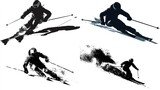 Four ski racers in dynamic poses, stylized silhouettes against white background. Snow and ski trails depicted with texture