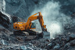 © Martinesku - Powerful yellow excavator operating in a rocky mining site, breaking through massive boulders with hydraulic strength, representing industrial development