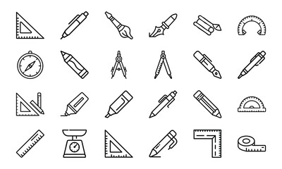 Poster - Collection of outline style vector icons representing various drawing and measurement tools