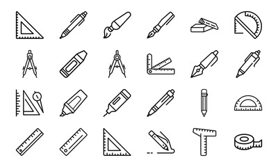 Poster - Collection of simple outlined drawing and drafting tools isolated on a white background