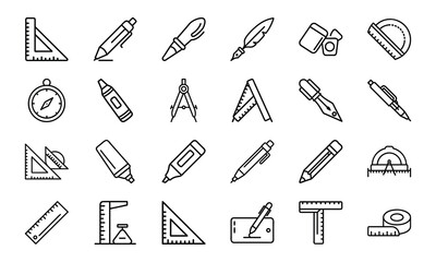 Poster - Set of simple black and white outline icons featuring drawing and measurement tools