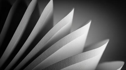 Poster - White paper sheets curving dynamically, forming elegant abstract pattern with dramatic light and deep shadow contrast against dark background