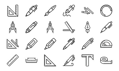Poster - Collection of detailed black and white line art drawing and drafting tools icons