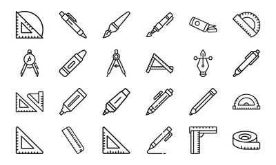 Poster - Collection of simple black and white line art school and office supply icons