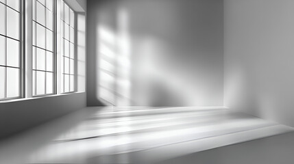 Poster - Bright room corner with sunlight through gridded windows illuminating the floor and a large wall
