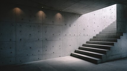 Poster - Soft light casting dramatic shadows across minimalist concrete stairs, highlighting architectural lines and suggesting transformative potential of human experience