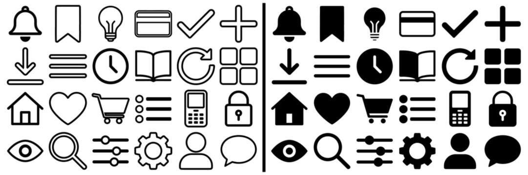 Icon Collection: A comprehensive set of essential icons in minimalist graphic design, perfect for user interfaces and digital applications, clearly organized and easy to implement.