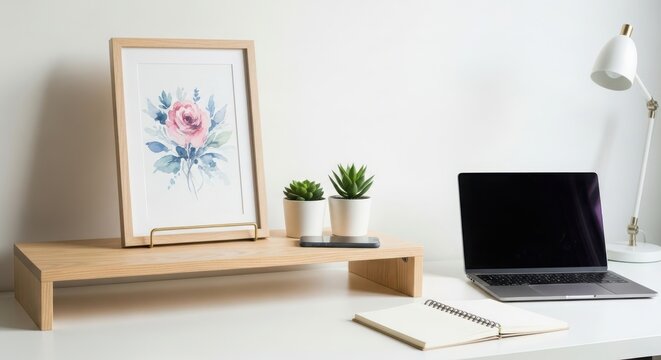 A modern desk setup with a laptop and artwork