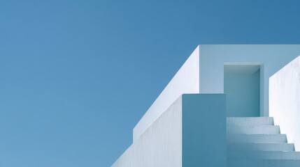 Poster - White abstract building with staircase and clear blue sky is showing modern architecture and design, creating a sense of serenity and simplicity