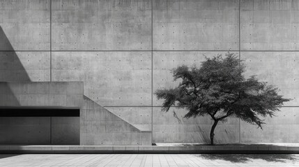Poster - Stark monochrome landscape, solitary tree emerging beside concrete wall, staircase backdrop, shadow stretching across geometric tiled surface