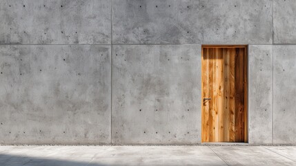Poster - Warm sunlight highlighting weathered wooden door against rough concrete wall, revealing textural interplay between natural wood grain and industrial architectural surfaces