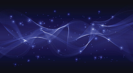 Poster - Abstract glowing blue wavy lines with sparkling particles on dark background. Ideal for digital, tech, and futuristic concepts. Vector EPS10.