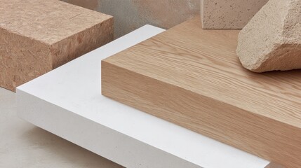 Poster - Wooden block resting on white surface, accompanying particle board and stone elements, highlighting textural contrast with minimalist design approach
