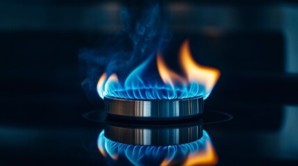Wall Mural - close-up of a gas stove burner with blue and orange flames, reflecting on a dark surface.
