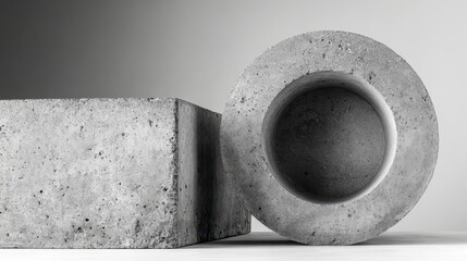 Poster - Concrete geometric forms cylindrical volume and rectangular block creating minimalist architectural composition with clean lines against neutral gray surface