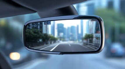 Wall Mural - cityscape reflected in a car's rearview mirror.