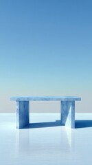 Poster - Empty marble table displaying products with blue background creating a modern and minimalist aesthetic, ideal for showcasing merchandise or creating a serene atmosphere