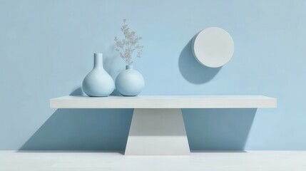 Poster - Minimalist interior styling with light blue ceramic vases, dried floral arrangements positioned on white floating shelf, complementing soft blue wall background