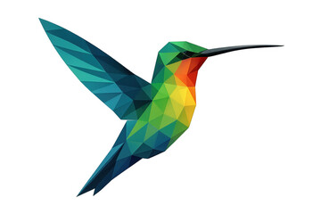 Poster - Vibrant low-poly hummingbird hovering, transparent backdrop, ideal for graphic design compositions